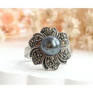 Art Deco Floral Marcasite Multi Gemstone Faux Tahitian Pearl Vintage Ring - sz 7